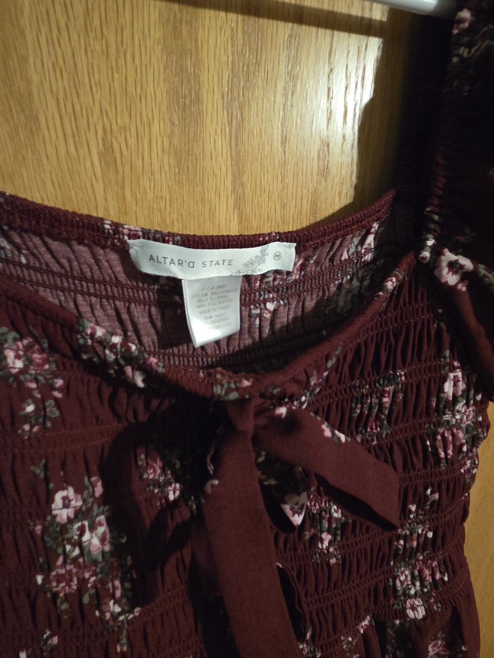 Altar'd State Burgundy Floral Smocked Tiered Midi Dress - Picture 3 of 4